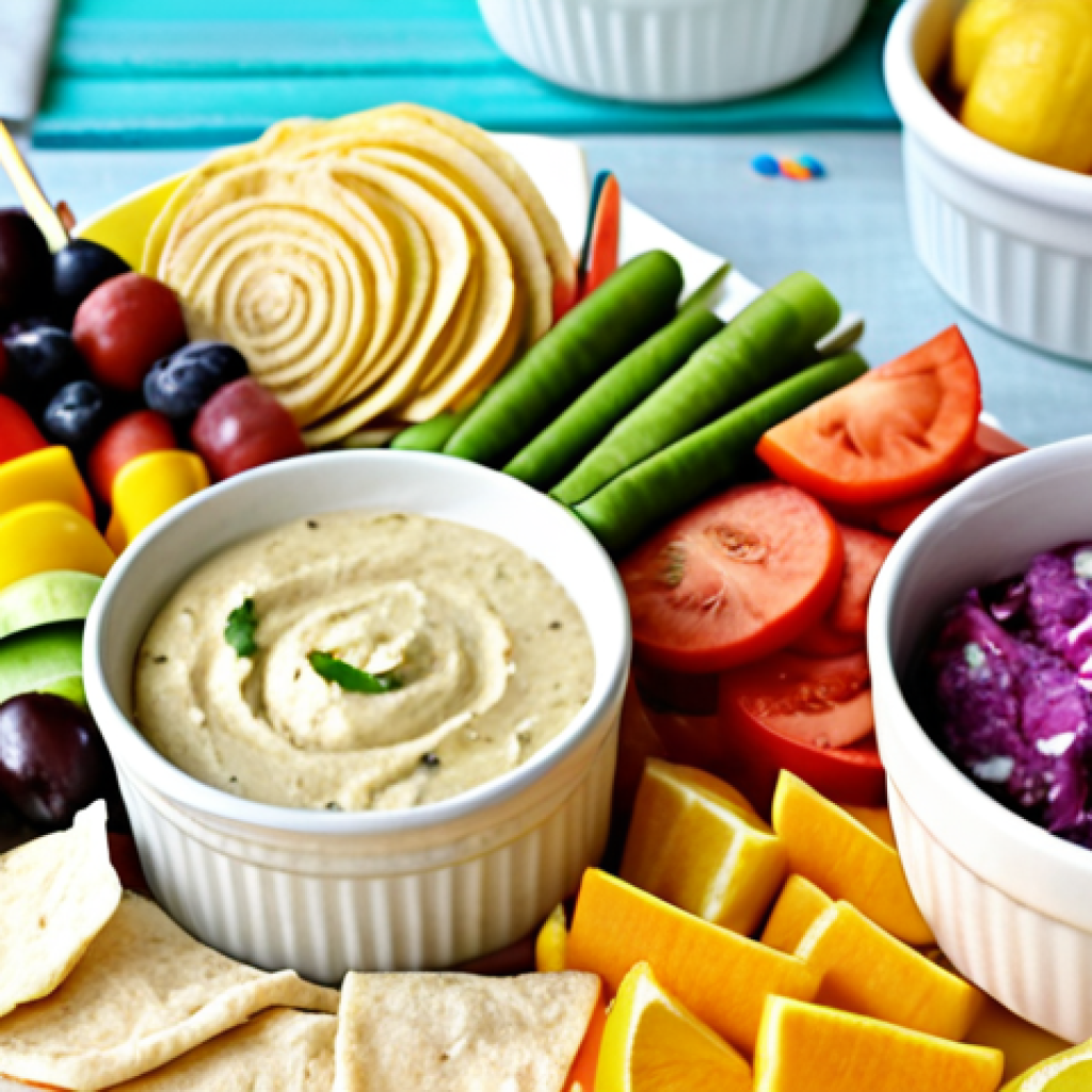 Colorful and Allergy-Friendly Party Food Table**

A vibrant party food table showcasing a rainbow salad with homemade dressing (olive oil, lemon, herbs), vegetable tortilla rolls (rice tortillas, hummus, colorful veggies), fruit skewers with yogurt dip, gluten-free cake decorated with fruit, homemade lemonade with fruit slices and herbs. Focus on bright colors, fresh ingredients, and allergy-friendly substitutions. Close-up shot.

**