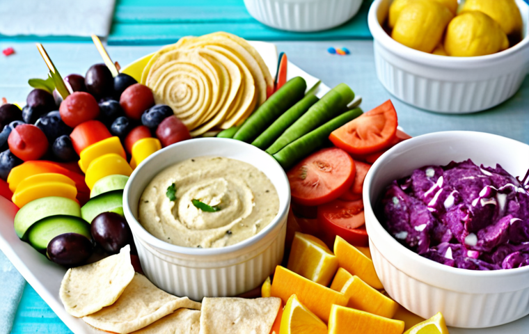 Colorful and Allergy-Friendly Party Food Table**
A vibrant party food table showcasing a rainbow salad with homemade dressing (olive oil, lemon, herbs), vegetable tortilla rolls (rice tortillas, hummus, colorful veggies), fruit skewers with yogurt dip, gluten-free cake decorated with fruit, homemade lemonade with fruit slices and herbs. Focus on bright colors, fresh ingredients, and allergy-friendly substitutions. Close-up shot.
**